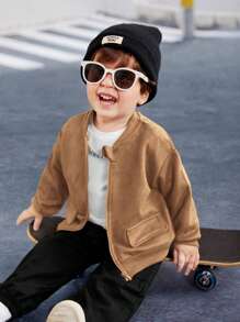 SHEIN Jaket Baseball Bayi Laki-laki, Saku Tempel Kasual, Kain Bertekstur Suede Lembut, Pakaian Luar Nyaman untuk Aktivitas Luar Ruangan, Musim Gugur/Musim Dingin - Coklat - View 3