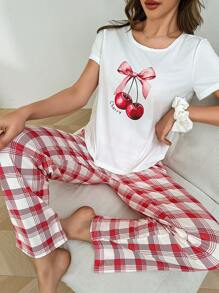 2pcs/Set Bowknot & Cherry Print Short Sleeve Top And Plaid Pants Pajama Set - Multicolor - View 2