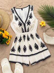 Soleia Women's Vacation Camisole Jumpsuit, Pattern Placement Print, Beach & Summer Wear Women Summer Clothes Dress Woman S Summer Clothes Women Summer Sets Women Short Dresses Summer Women S Clothes - Black and White - View 1