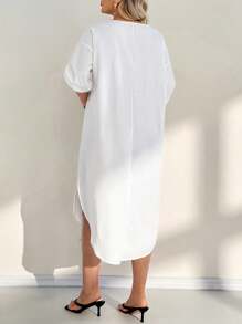 SHEIN Essnce Plus Size Solid Color Round Neck Minimalist Dress, Fashionable For Summer - White - View 2