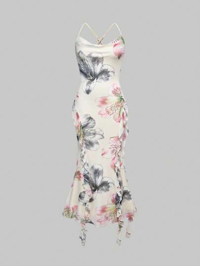 Fairycore Abito da donna con stampa floreale retrò per le vacanze