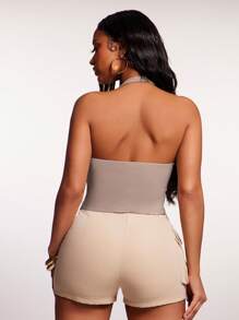 SHEIN SXY Women's Sexy Solid Color Backless Halter Top, Summer - Khaki - View 2