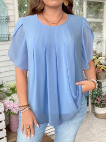 SHEIN LUNE 大码女式休闲纯色衬衫，简约时尚，适合夏季度假夏季上衣商务休闲女式夏季上衣 - 淺藍色 - 查看 3