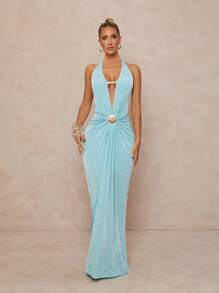 Lumalex 金属节日度假优雅深 V 领弹力漂亮女士沙滩裙 - 淺藍色 - 查看 3