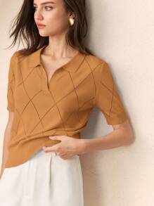 BizChic Autumn Women's Caramel Polo Collar Diamond Knit Short Sleeve Pullover Sweater, Basic Urban Commute Simple Elegant Fashionable Business Casual Outfit, Suitable For Teachers, Office Wear