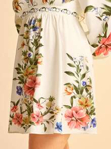 CAJUNI 大码女式波西米亚风格彩色热带花卉印花 V 领灯笼袖休闲沙滩迷你连衣裙 - 彩色 - 查看 5