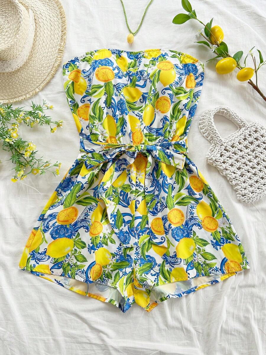 Soleia 柠檬印花度假休闲抹胸连体衣 - 彩色 - 查看 1