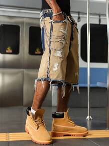 PAVTROS Quần short denim rách rách viền tua rua thường ngày cho nam - Nhiều màu - Xem 5