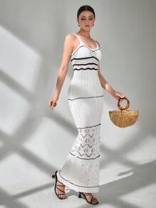 CLARA VERO 女士特别针织罩衫长款无袖连衣裙，撞色细节 - 白色 - 查看 3