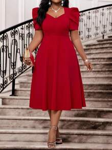 SHEIN Lady Spring And Summer Elegant Commuting Office Party Wedding Cocktail Party Concert/Music Festival Red Knitted Sweetheart Flared Leg-Of-Mutton Sleeve Midi Short Sleeve Plus Size Dresses Birthday&Event Dresses Wedding Dresses Holiday Dresses Summer Outfits For Women Summer Dresses For Women Wedding Guest Dress Women Birthday Outfits For Women Birthday Outfit Women Festival Outfits For Women Concert Outfit Women Cruise Outfits Women Valentine's Day Outfit - Red - View 2