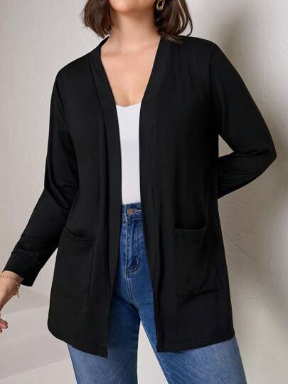 Chikora Plus Size Svart Stickad Kofta Med Fickor, Lös Passform, Business Casual Dam