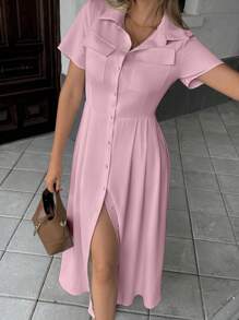 Pariaura 杏色褶皱下摆口袋衬衫裙，女士休闲优雅通勤长裙 - 粉色 - 查看 3