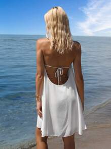 SHEIN ICON Damen weißes Trägerkleid mit offenem Rücken, weite A-Linie Mini-Länge, Lässig Resort Strand