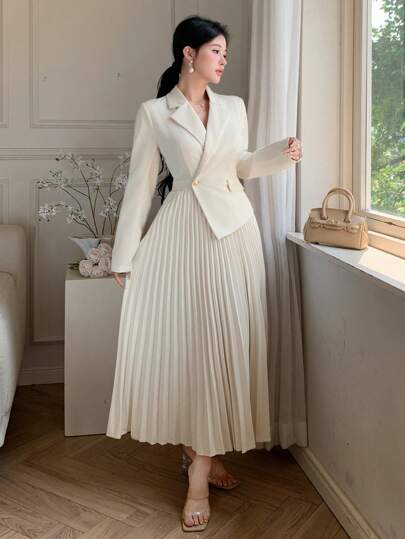 DAZY Traje de chaqueta y falda con dobladillo asimétrico y plisado, estilo elegante y ajustado, vestido midi de manga larga para mujer de moda modesta, para primavera/otoño