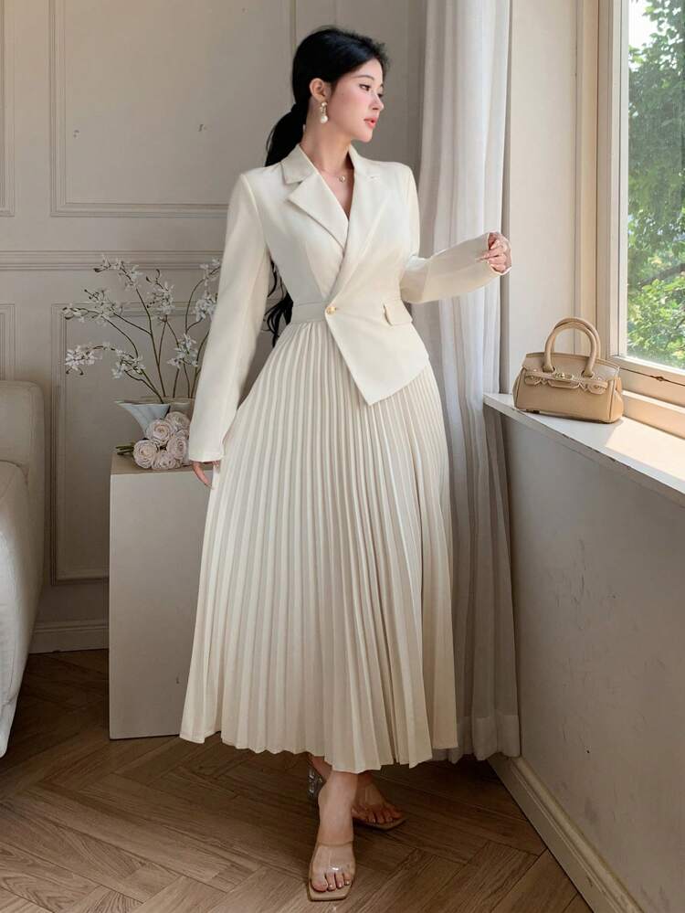 Traje de chaqueta y falda con dobladillo asimétrico y plisado, estilo elegante y ajustado, vestido midi de manga larga para mujer de moda modesta, para primavera/otoño