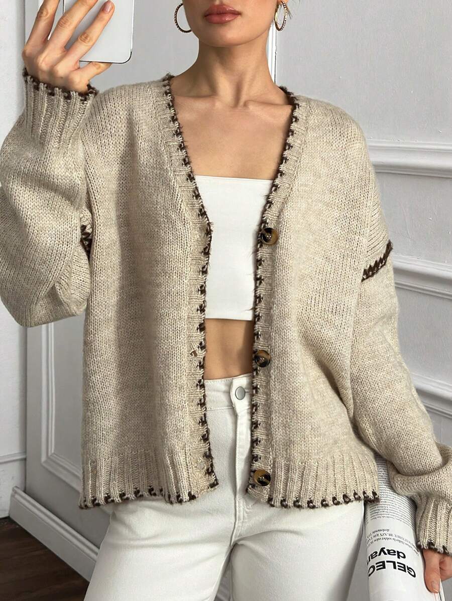 EURMUSE Áo len cardigan nữ chất lượng cao chải kỹ viền tương phản ấm áp và thoải mái - Màu be - Xem 1