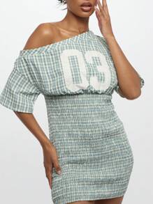 SUMWON WOMEN 迷你连衣裙，褶饰腰部露肩格子图案数字贴花春夏学院风时尚运动风 - 藍白色 - 查看 4