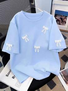 SHEIN Oversized Loose Fit Drop Shoulder Round Neck T-Shirt For Women With Handcrafted Beaded Bowknot Detail - Baby Blue - View 4