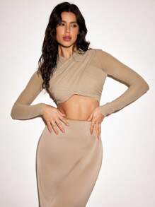 VIOLA AND VESPER Transparent Mesh Criss-Cross Front Long Sleeve Crop Top Women Summer Casual Outfits