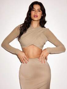 VIOLA AND VESPER Transparent Mesh Criss-Cross Front Long Sleeve Crop Top Women Summer Casual Outfits