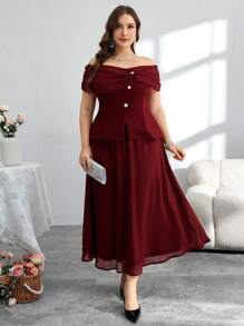 Modelyn Plus Size Women's Off Shoulder Chiffon Patchwork Blouse And 2 Pieces Set, Slimming - Burgundy - View 5