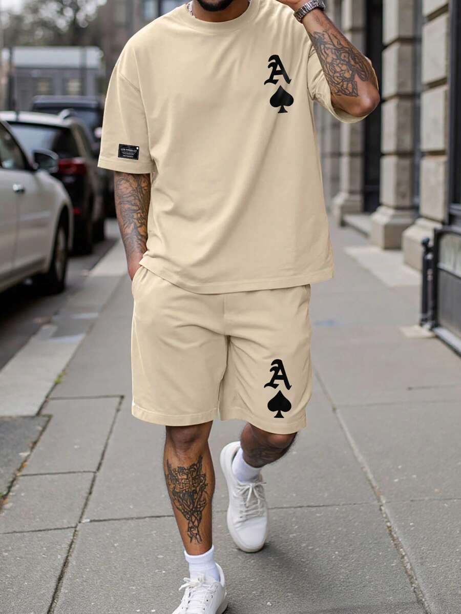 Manfinity Homme Men's Playing Card Print Round Neck Short Sleeve T-Shirt And Drawstring Waist Shorts Set - Khaki - View 1