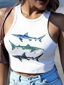 Veykashi 大码女式休闲鲨鱼图案圆领背心，适合夏季 - 彩色 - 查看 1