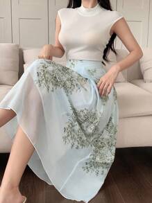 DAZY 两件套女士办公室套装 - 纯色翻领针织上衣和印花半裙套装（复活节款） - 綠色 - 查看 6