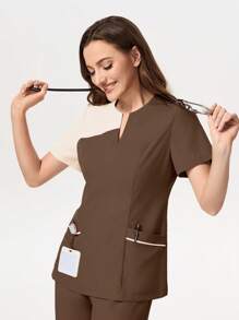 TaskEZ Contrast Color Notched Neck Short Sleeve Top And Pants Scrub Uniform Set - Brown - View 8