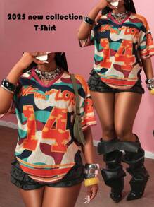 Slaydiva 2025 夏季新款街头风格休闲宽松 V 领彩色全迷彩印花 T 恤女款，适合音乐节、日常外出、毕业派对、俱乐部、街头风格、网眼设计、运动图形元素 - B - 彩色 - 查看 3