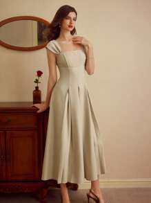 Vintamour 复古优雅女式宽肩带荷叶边连衣裙，修身，春夏婚礼宾客礼服，女士夏季连衣裙，节日服装，毕业礼服，度假服装，女士节日服装，女士商务休闲服装，女士教师服装 - 米色 - 查看 4