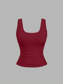 Sweetra Áo ba lỗ xếp ly cổ vuông ngắn mùa hè cỡ lớn cho nữ - Nhiều màu - Xem 3