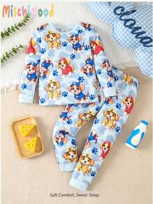 男孩可愛小狗印花長袖和褲子保暖貼身內衣套裝,適用於家居 - 彩色 - 查看 2