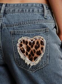 SHEIN Forever 21 女式 Y2K 夏季豹纹印花心形贴袋宽松阔腿休闲百搭牛仔裤 - 藍色 - 查看 2