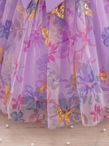 Cute Baby Girls Elegant Butterfly Pattern Organza Short Sleeve Dress, Summer - Mauve Purple - View 3