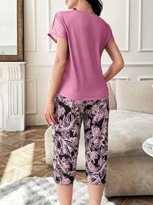 Floral Print Short Sleeve Top And 3/4 Pants Set With Contrast Pockets