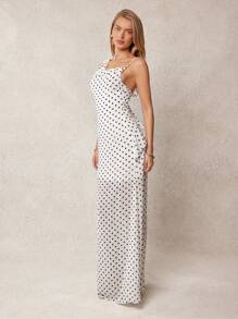 L'Amorae Women's Elegant White With Black Polka Dots Chiffon Maxi Dress,Summer Asymmetric Ruffle Strap 3D Flower Applique Wedding Guest Tea Party Dress - Black and White - View 3