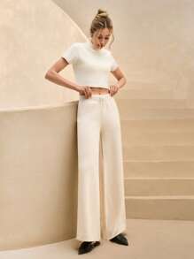 SHEIN Cottnline Floral Print Loose Wide Leg Trousers With Ribbed Cuffs - Apricot - View 4