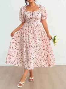 Flirla Summer Women Romantic Elegant Vacation French Style Ditsy Floral Ruffled V-Neck Sexy Bowknot Decorative Fish Bone Gathered Waist Slim Long Dress, Soft And Graceful