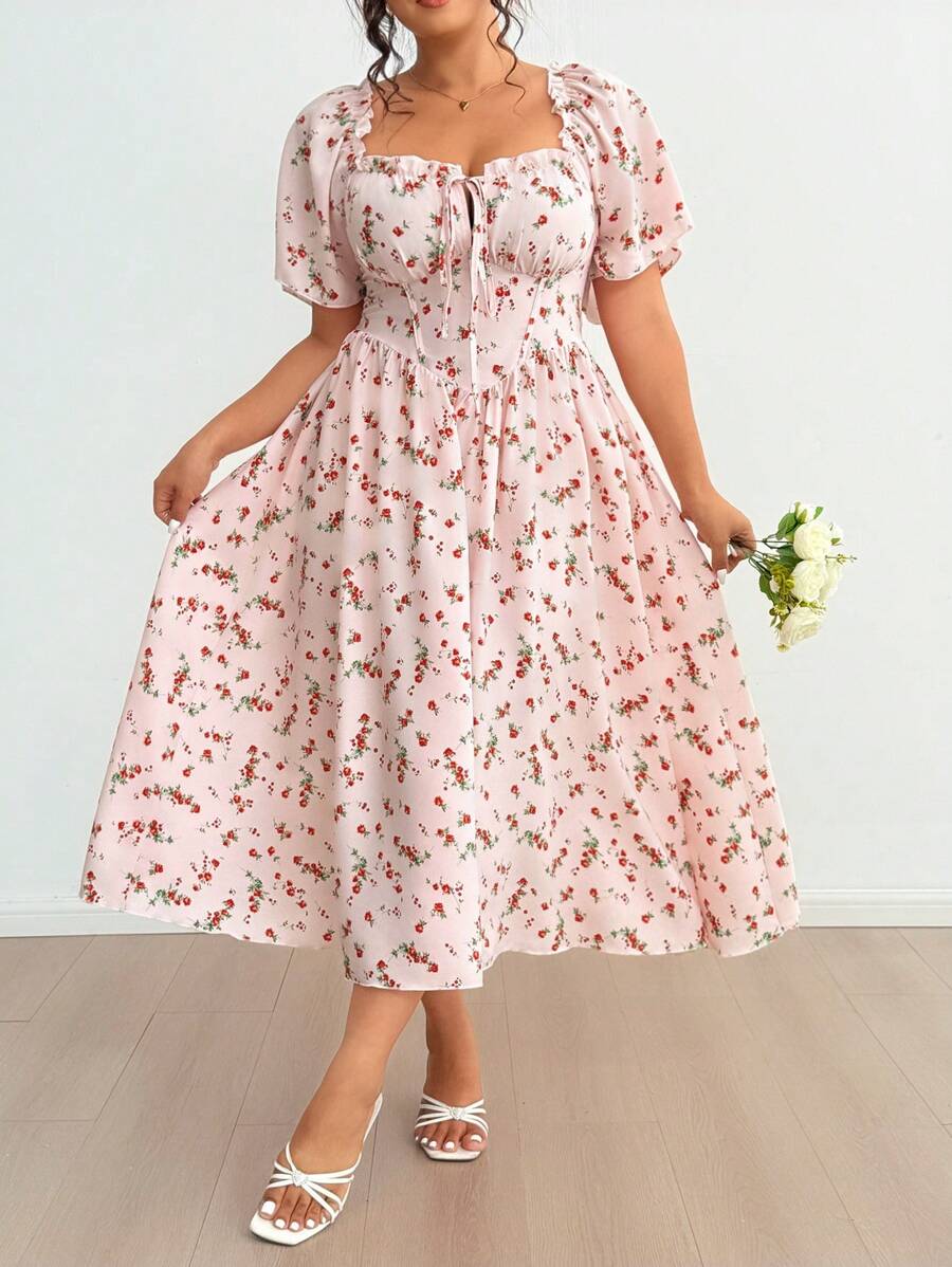 Flirla Summer Women Romantic Elegant Vacation French Style Ditsy Floral Ruffled V-Neck Sexy Bowknot Decorative Fish Bone Gathered Waist Slim Long Dress, Soft And Graceful