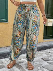 Breezaya Quần dài buộc gấu hở lưng phong cách Boho thường ngày cho nữ cỡ lớn - màu xanh lá - Xem 3