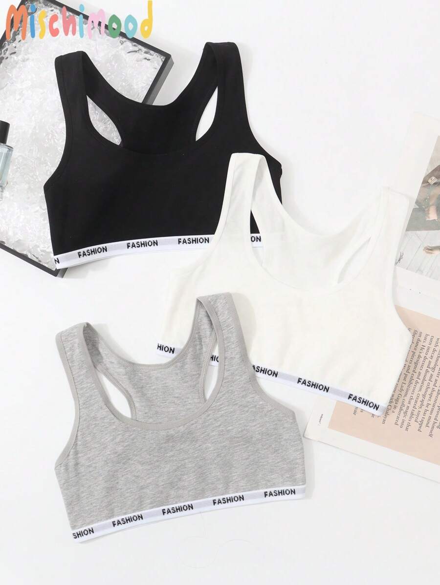 3pcs/Set Tween Girl Letter Tape Cotton Undershirts, Spring & Summer Gym Top Holiday Travel Releax Summer Clothes