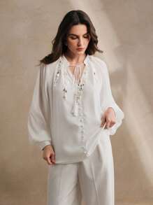 Anewsta Women's New White Chiffon Pearl Studded Long Sleeve Blouse, Spring/Summer - White - View 6