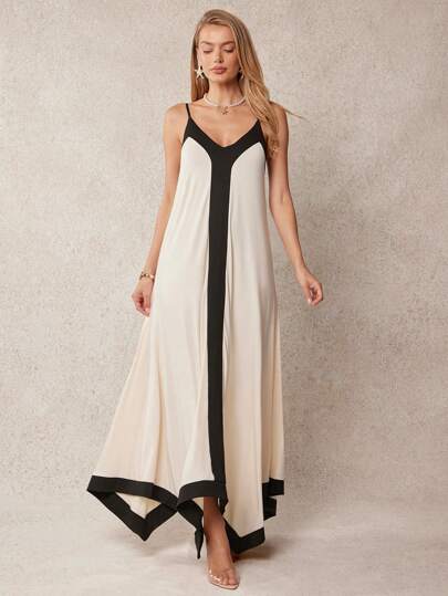 L'Amorae فستان صيفي بدون أكمام ذو تريم متباين للنساء لتغطية الملابس