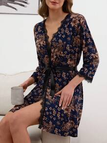 RueChic Women Contrast Colour Lace Detail With Leopard Pattern Homewear Lounge Robe - Apricot - View 3