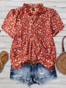 Franclia Plus Size Casual Vacation Ditsy Floral Puff Sleeve Blouse Women Summer Clothing Woman S Summer Clothes Women Summer Sets Women S Clothes Summer Outfits For Women Plus