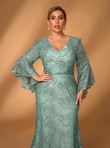 Serin Váy dài tay xẻ tà đuôi cá cổ chữ V màu hồng đậm thanh lịch & lãng mạn cỡ lớn kết hợp ngọc trai thêu cho mẹ - màu xanh lá - Xem 1