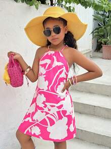 SHEIN Tween Girls' Casual Vacation Chiffon Floral Colorblock A-Line Halter Dress, Mommy And Me Matching Outfits (2 Pieces Sold Separately)