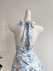 Flirla Women's Elegant Ditsy Floral V-Neck Sleeveless Mini Dress, Summer Beach Vacation Style - Blue and White - View 5
