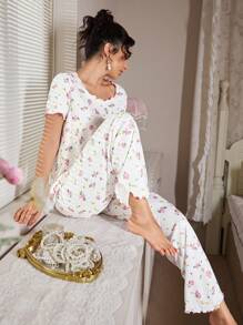 FairyFlirt 蝴蝶结装饰腰带花卉印花纹理针织女士睡衣套装节日季 - 彩色 - 查看 6